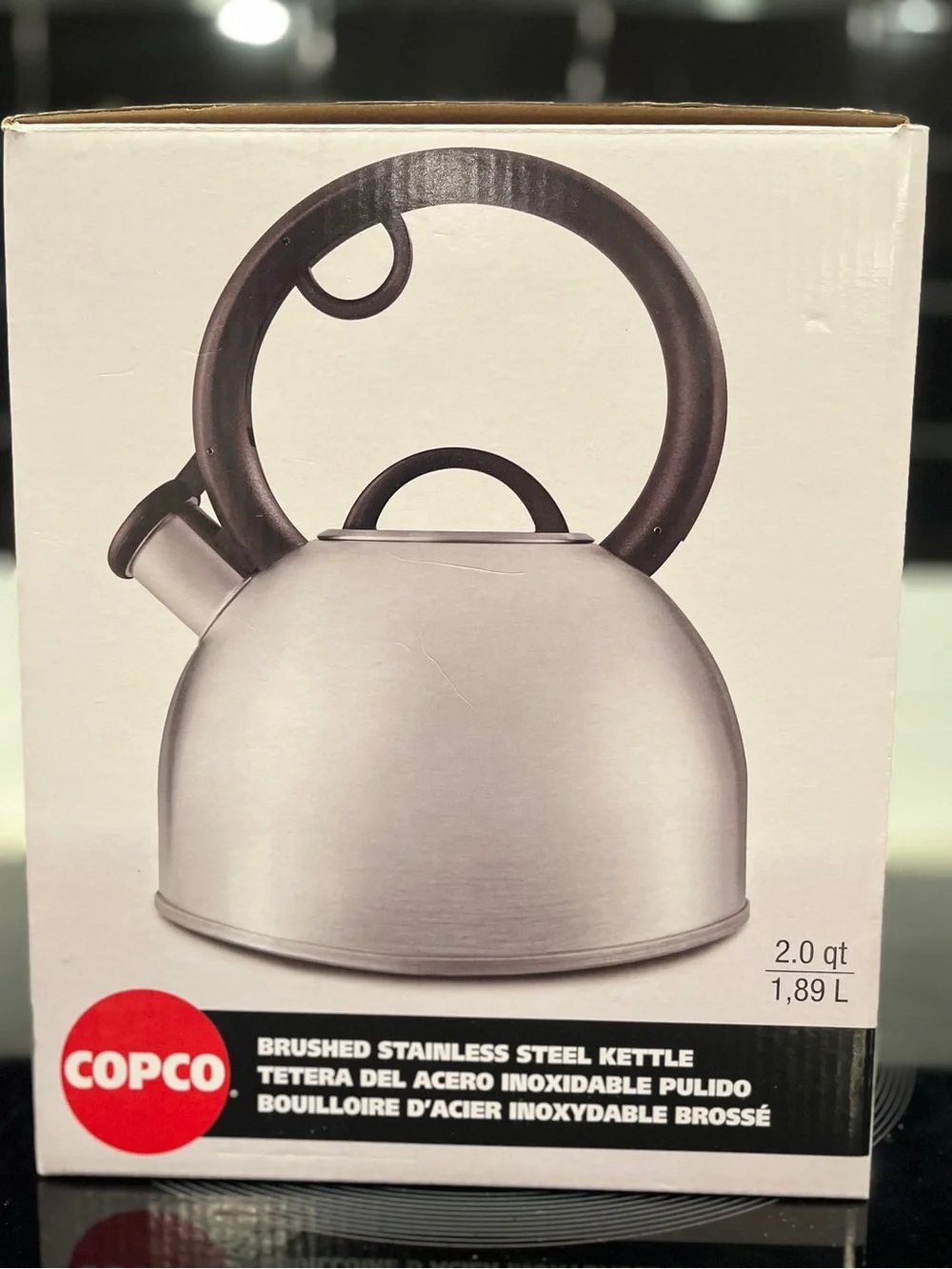 Copco Brushed Stainless Steel Whistling Kettle with Black Handle NWT